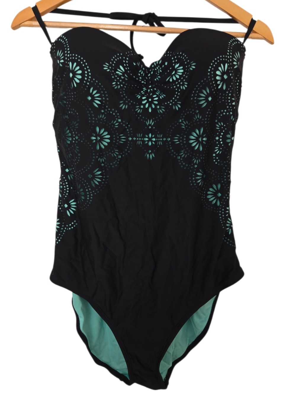 Black Teal Strapless One Piece Swimsuit Lace Up Back XL Tummy Control